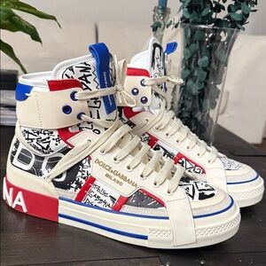 Dolce & Gabbana Graphic High-Tops in Cream, Red, and Blue